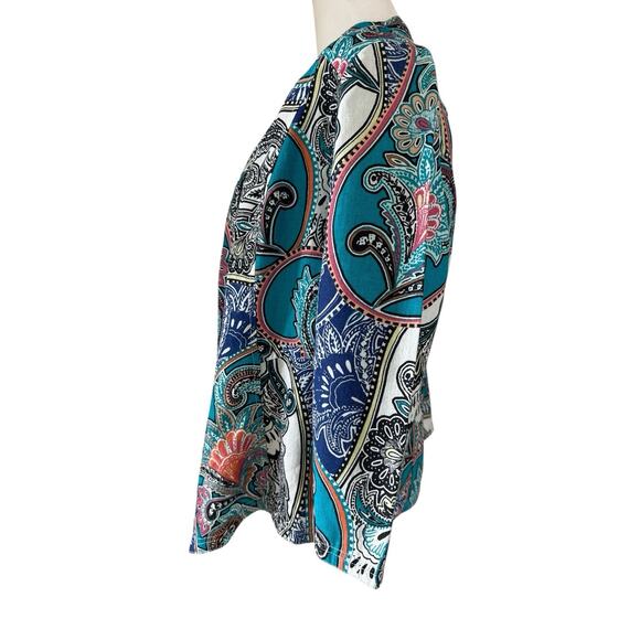 Chicos Paisley Linen Drape Jacket Size 1 US M Open Front 3/4 Sleeves Lagenlook - Picture 4 of 12